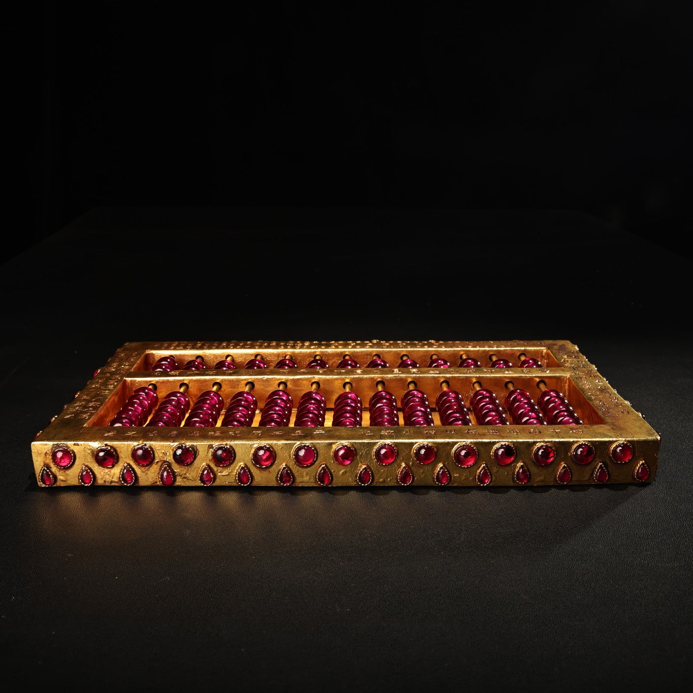 A0721 Vintage Chinese Gilt Gold Copper Inlay Red Gems Beads Abacus
