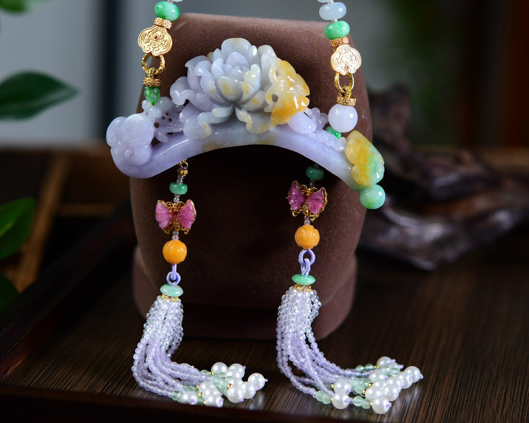 A0722 Exquisite Jadeite Carved Butterfly & Peony Pendant w Jadeite & Tourmaline & Nanhong Agate & Beeswax Beads Necklace