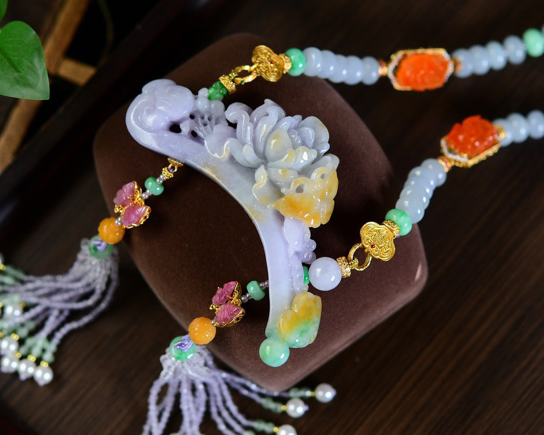 A0722 Exquisite Jadeite Carved Butterfly & Peony Pendant w Jadeite & Tourmaline & Nanhong Agate & Beeswax Beads Necklace