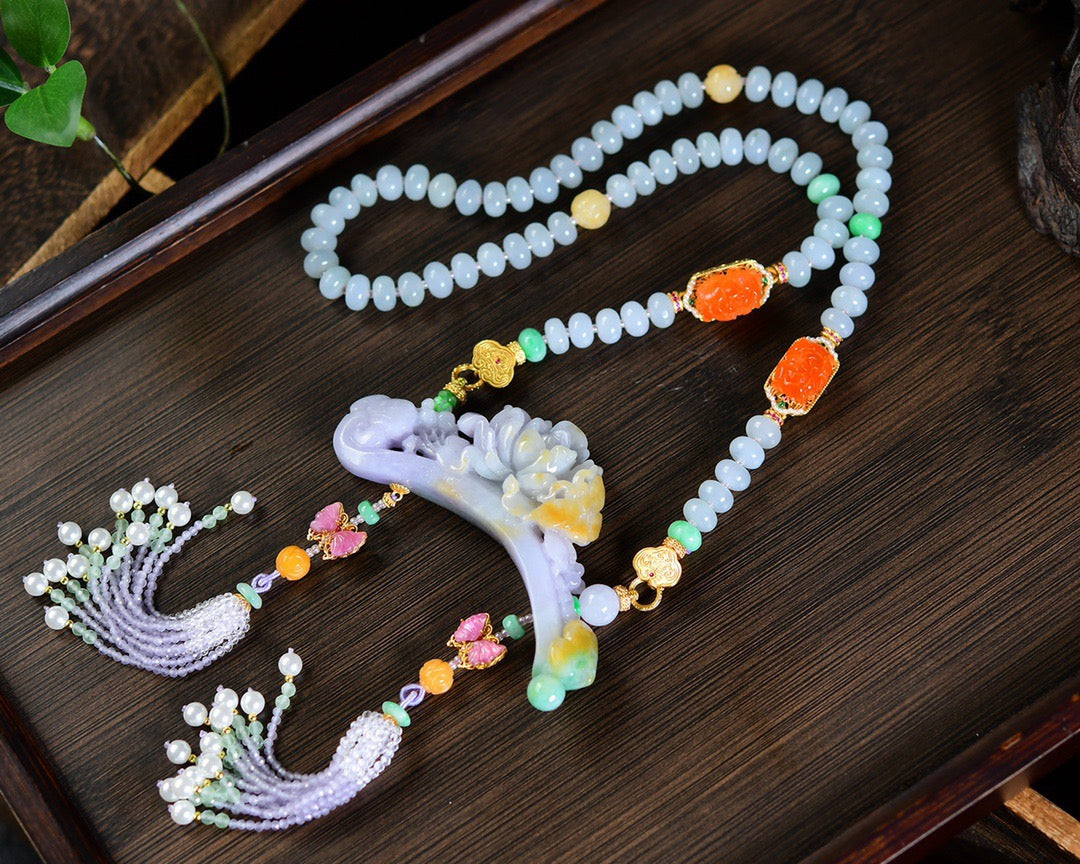 A0722 Exquisite Jadeite Carved Butterfly & Peony Pendant w Jadeite & Tourmaline & Nanhong Agate & Beeswax Beads Necklace