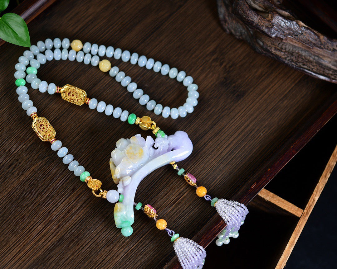 A0722 Exquisite Jadeite Carved Butterfly & Peony Pendant w Jadeite & Tourmaline & Nanhong Agate & Beeswax Beads Necklace