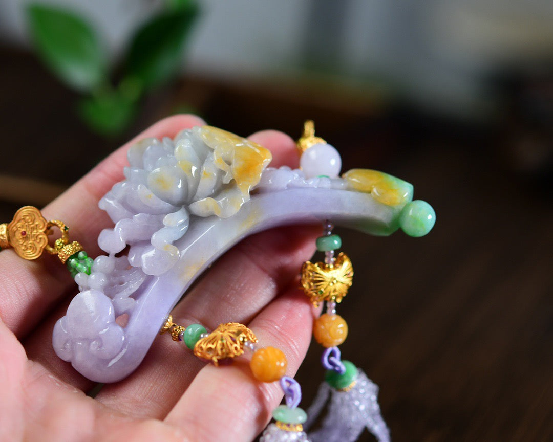 A0722 Exquisite Jadeite Carved Butterfly & Peony Pendant w Jadeite & Tourmaline & Nanhong Agate & Beeswax Beads Necklace
