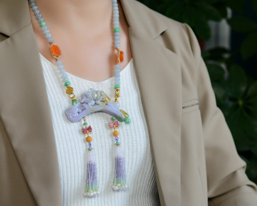 A0722 Exquisite Jadeite Carved Butterfly & Peony Pendant w Jadeite & Tourmaline & Nanhong Agate & Beeswax Beads Necklace