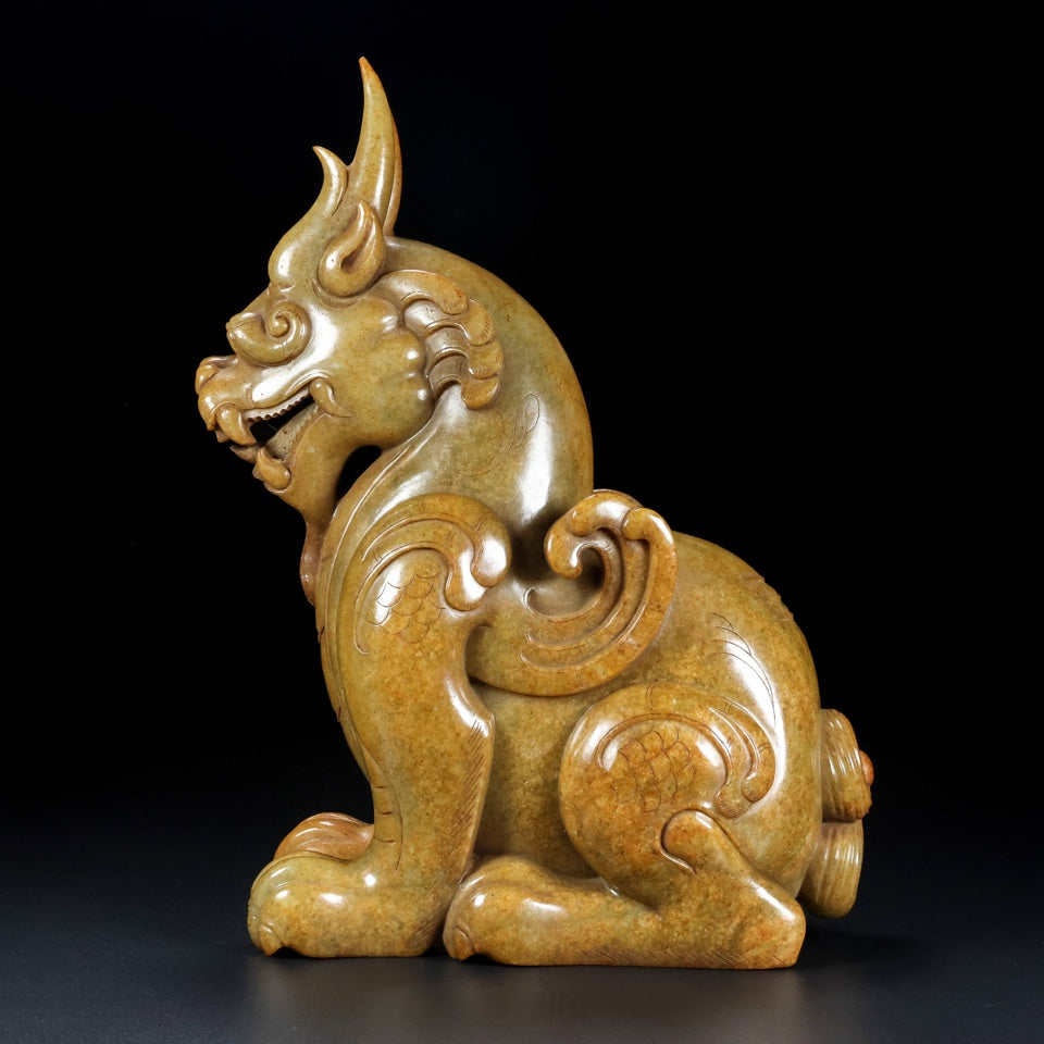 A0727 Superb Old Chinese Hetian Jade Carved Divine Beast Statue
