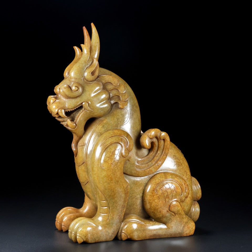A0727 Superb Old Chinese Hetian Jade Carved Divine Beast Statue