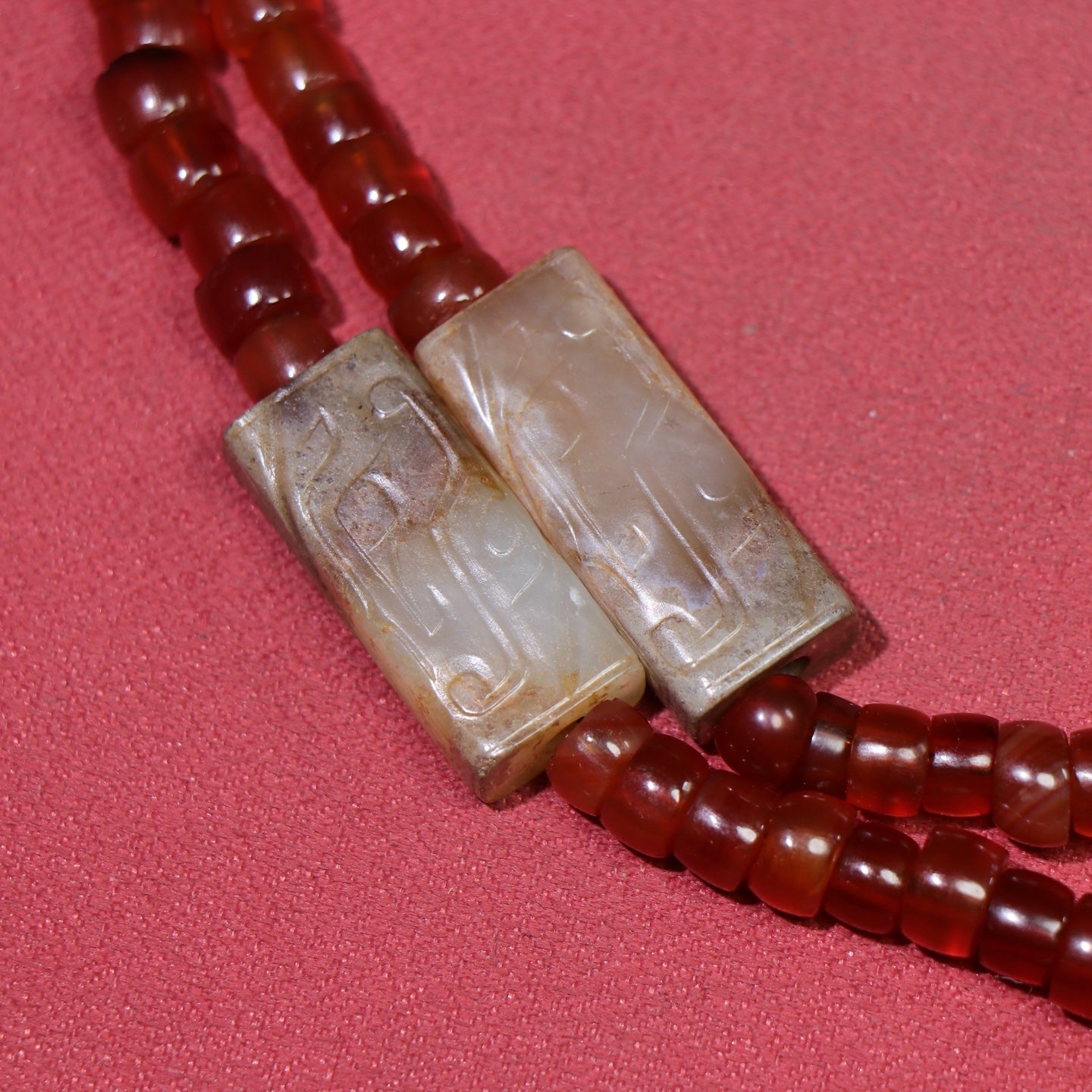 A0728 Old Chinese Hetian Jade & Red Agate Beads Necklace