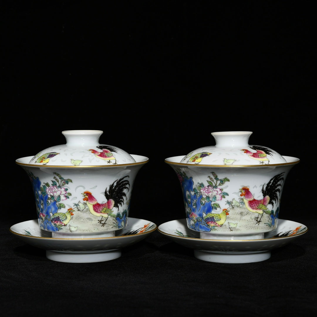 A0735 Chinese Qing Dynasty Gilt Gold Famille Rose Enamel Rooster Design Porcelain Teabowl w Saucer