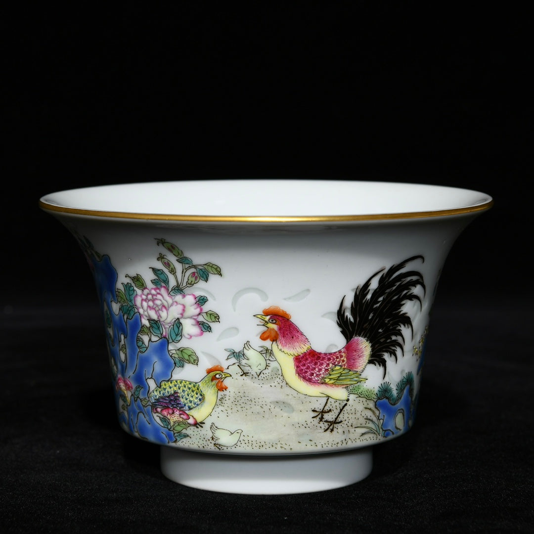 A0735 Chinese Qing Dynasty Gilt Gold Famille Rose Enamel Rooster Design Porcelain Teabowl w Saucer