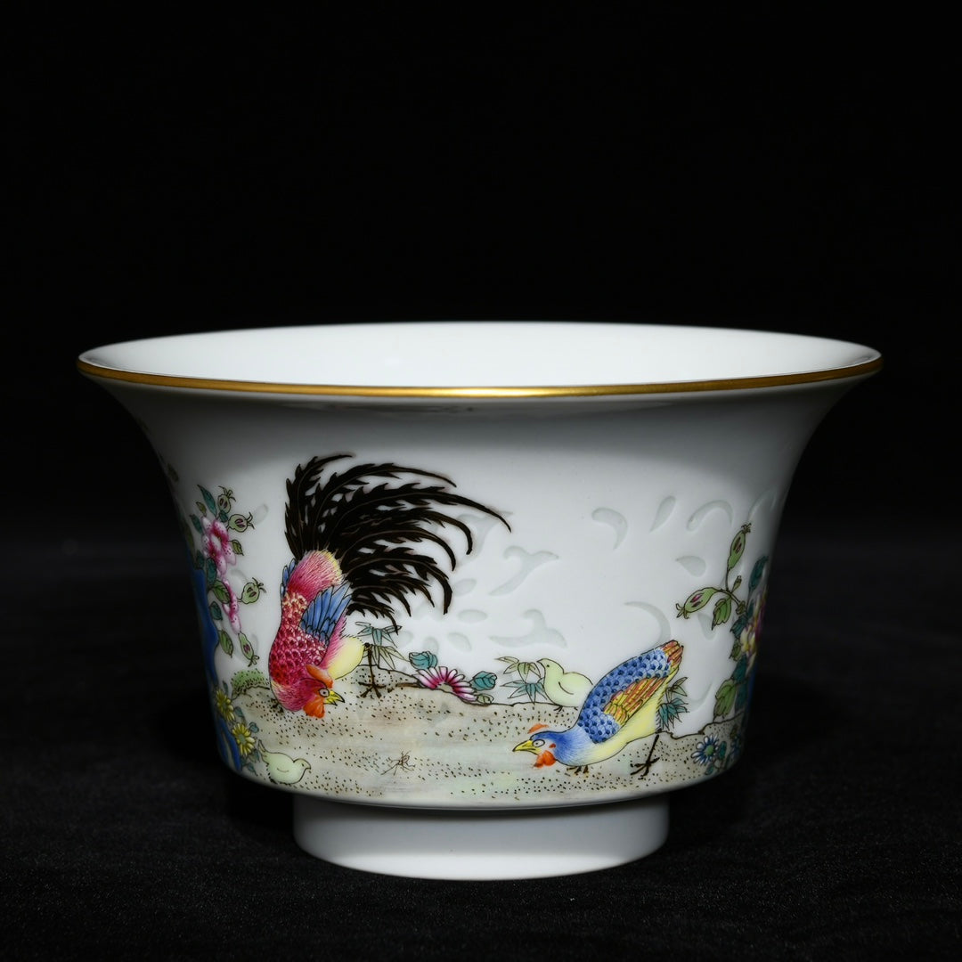 A0735 Chinese Qing Dynasty Gilt Gold Famille Rose Enamel Rooster Design Porcelain Teabowl w Saucer
