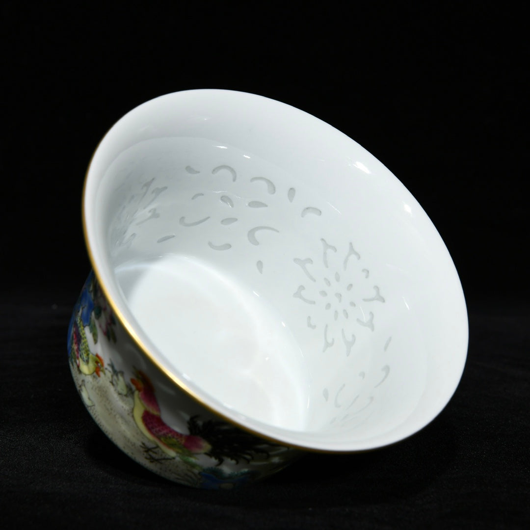A0735 Chinese Qing Dynasty Gilt Gold Famille Rose Enamel Rooster Design Porcelain Teabowl w Saucer