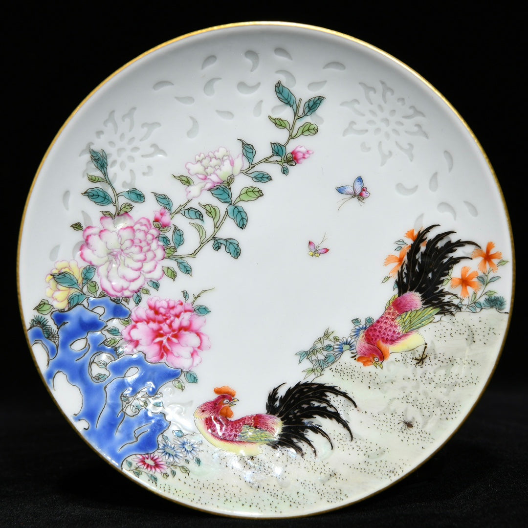 A0735 Chinese Qing Dynasty Gilt Gold Famille Rose Enamel Rooster Design Porcelain Teabowl w Saucer