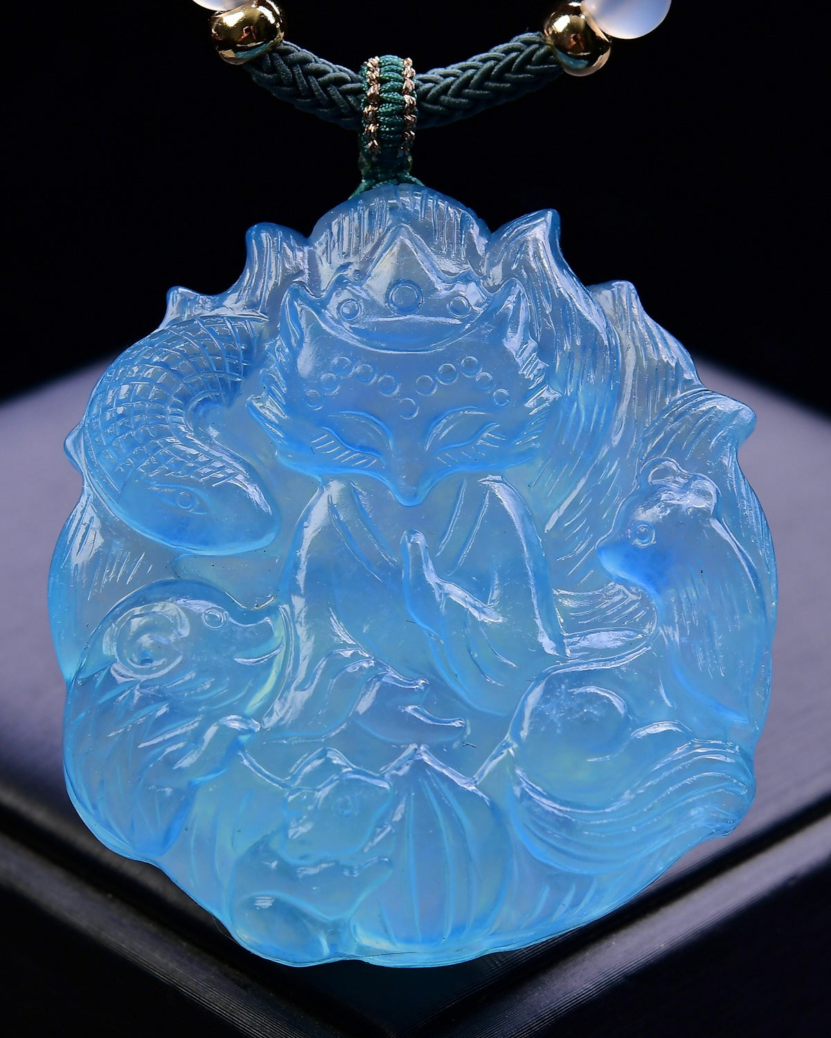 A0738 Beautiful Aquamarine Carved Nine-tailed Fox Pendant