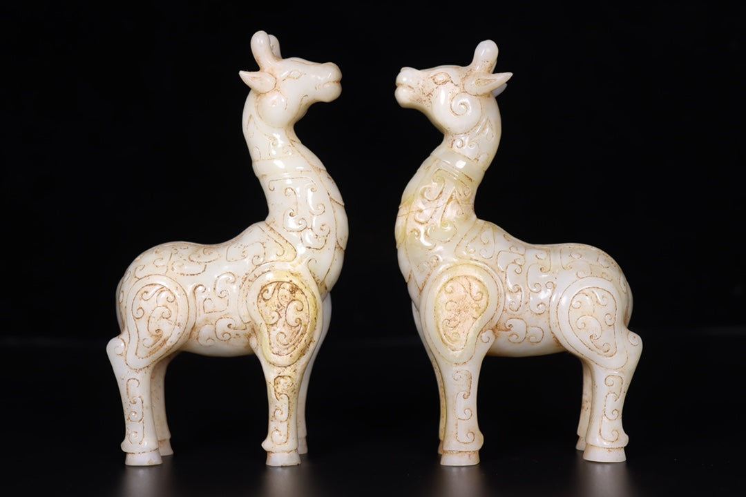 A0742 A Pair Vintage Chinese Hetian Jade Carved Fortune Deer Statue