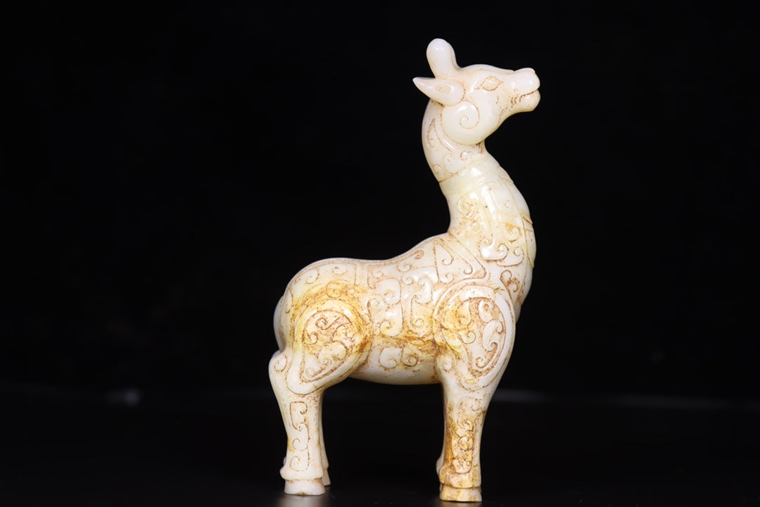 A0742 A Pair Vintage Chinese Hetian Jade Carved Fortune Deer Statue