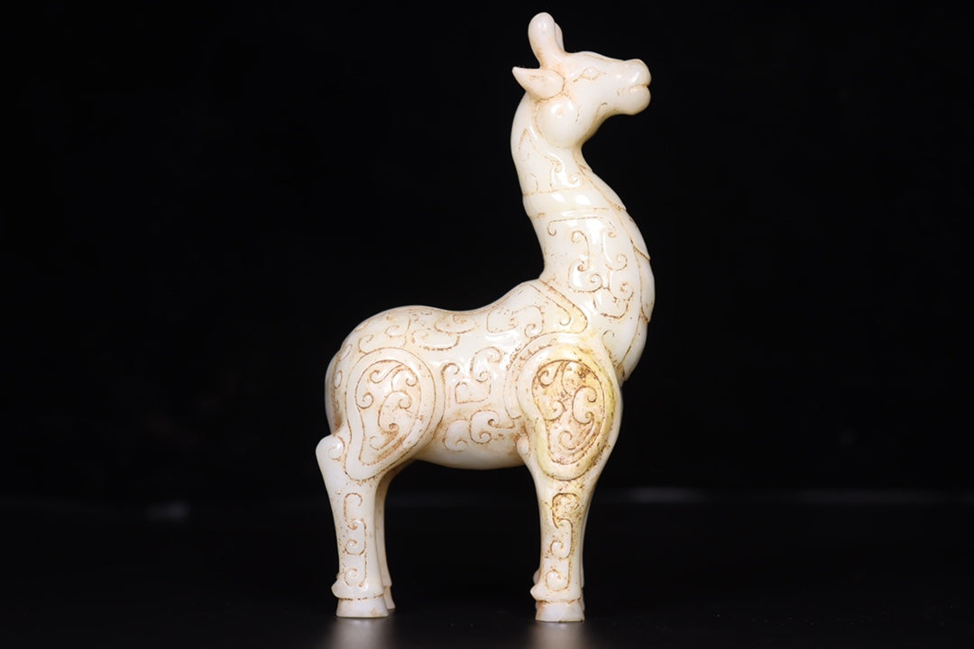 A0742 A Pair Vintage Chinese Hetian Jade Carved Fortune Deer Statue