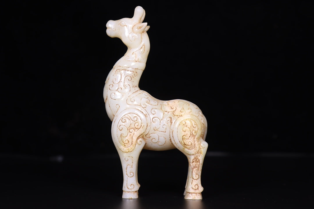 A0742 A Pair Vintage Chinese Hetian Jade Carved Fortune Deer Statue