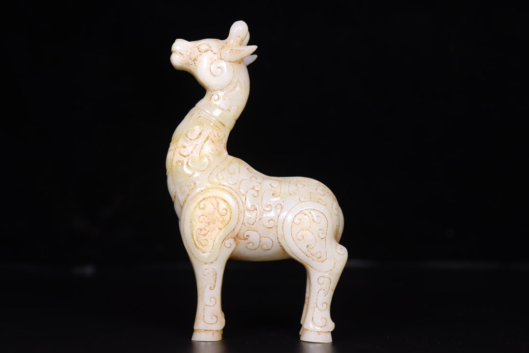 A0742 A Pair Vintage Chinese Hetian Jade Carved Fortune Deer Statue