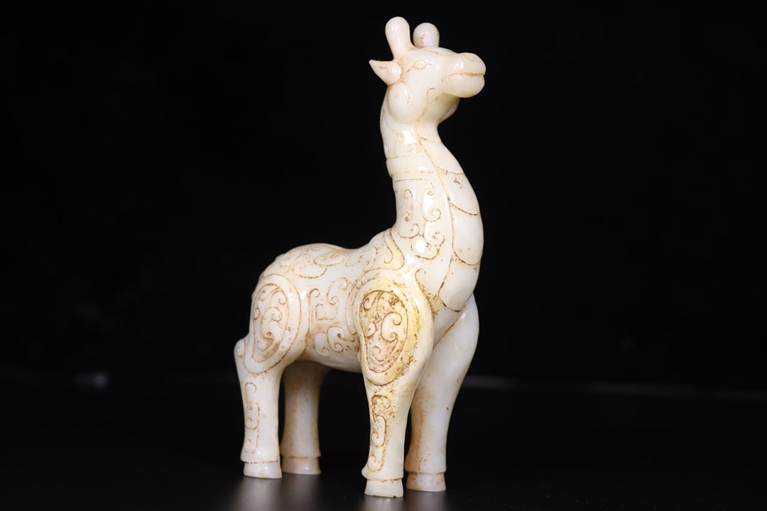 A0742 A Pair Vintage Chinese Hetian Jade Carved Fortune Deer Statue