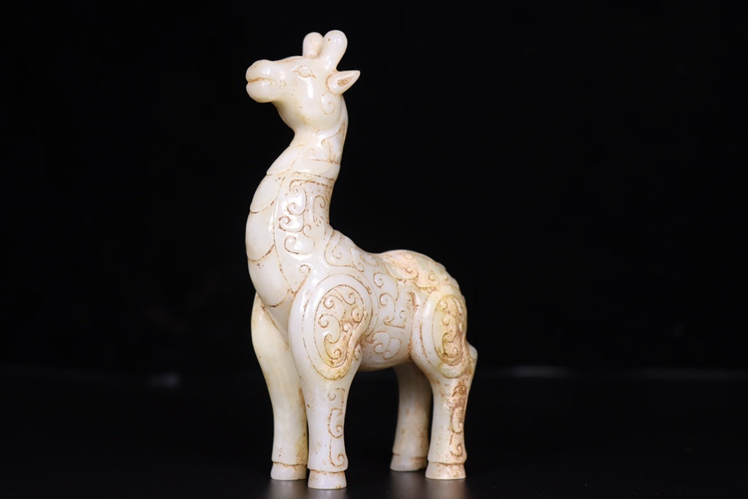 A0742 A Pair Vintage Chinese Hetian Jade Carved Fortune Deer Statue