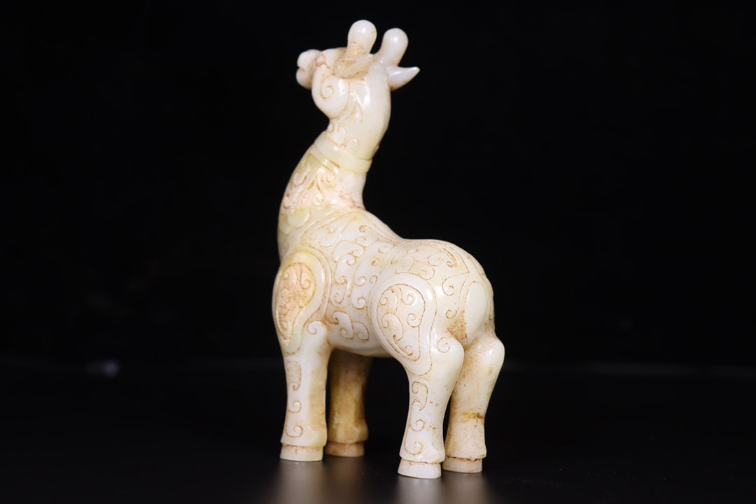 A0742 A Pair Vintage Chinese Hetian Jade Carved Fortune Deer Statue