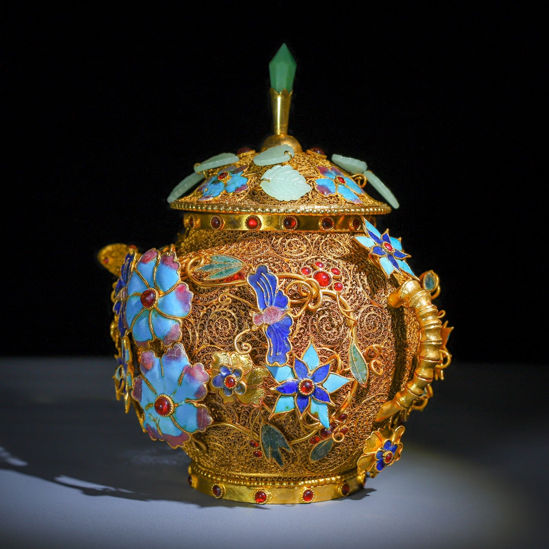 A0743 Exquisite Gold Wires Enamel Inlay Gem Butterfly & Flowers Wine Pot