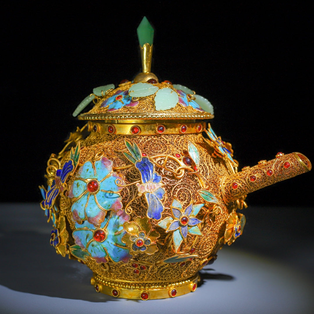 A0743 Exquisite Gold Wires Enamel Inlay Gem Butterfly & Flowers Wine Pot