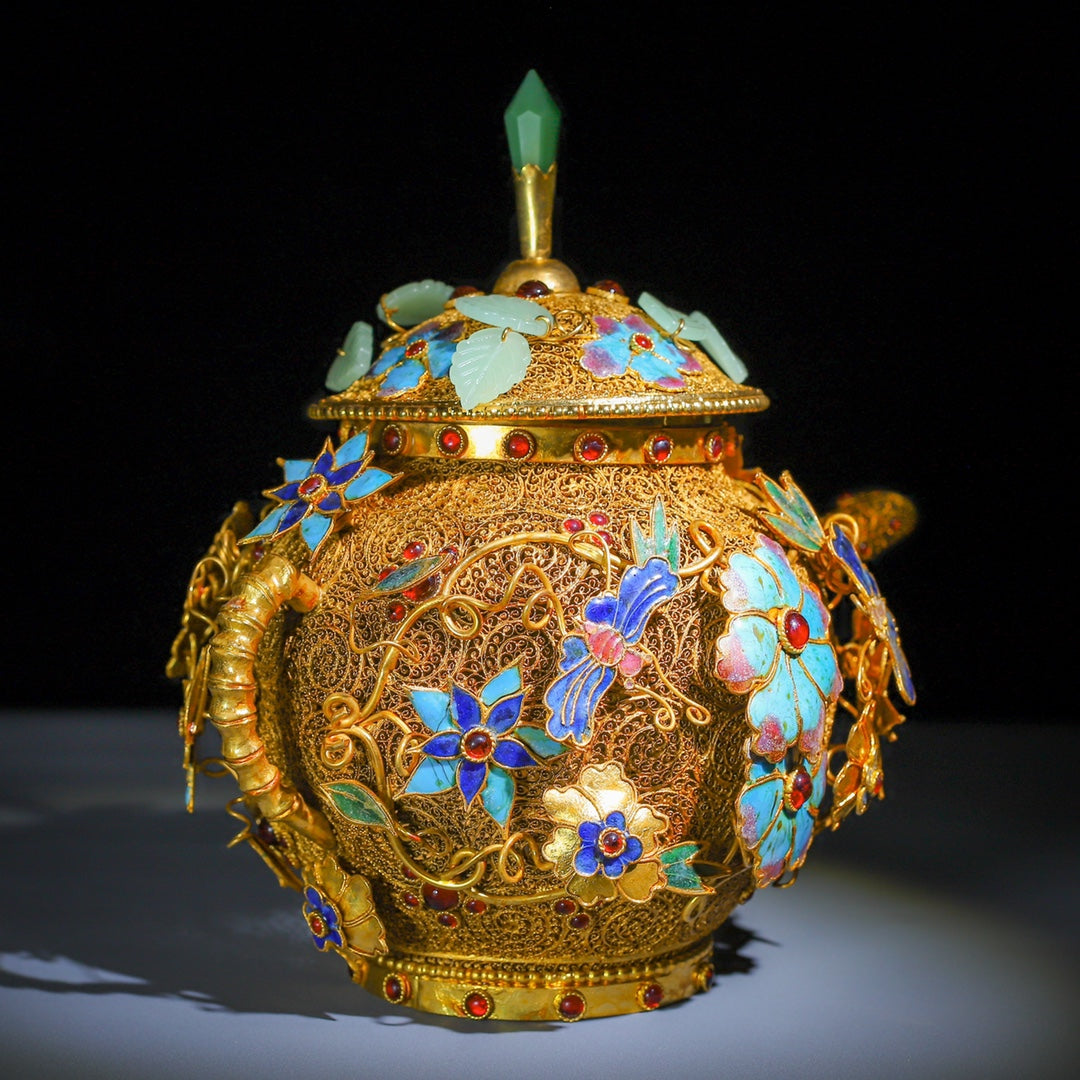 A0743 Exquisite Gold Wires Enamel Inlay Gem Butterfly & Flowers Wine Pot