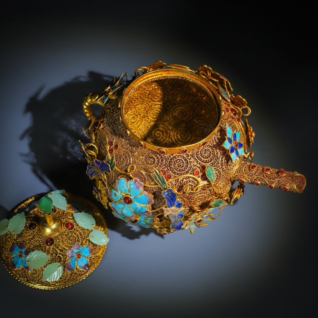 A0743 Exquisite Gold Wires Enamel Inlay Gem Butterfly & Flowers Wine Pot