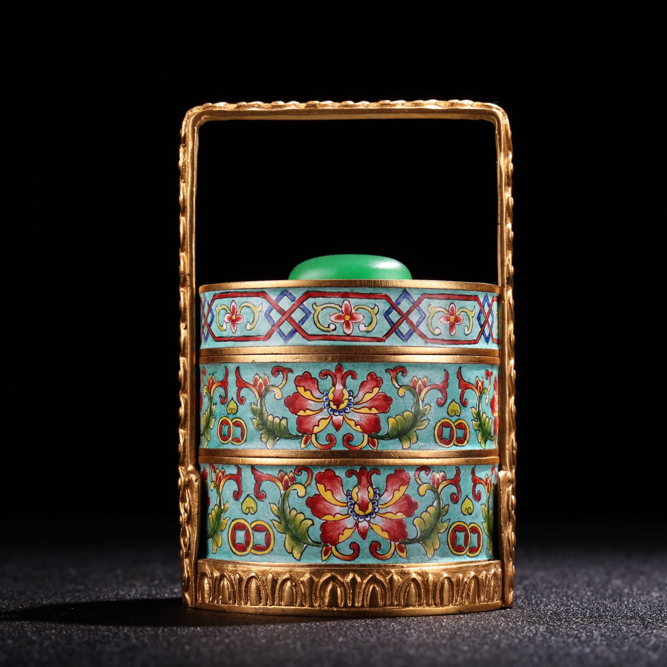 A0745 Vintage Chinese Gilt Gold Copper Cloisonne Inlay Green Jade Handle Small Food Box
