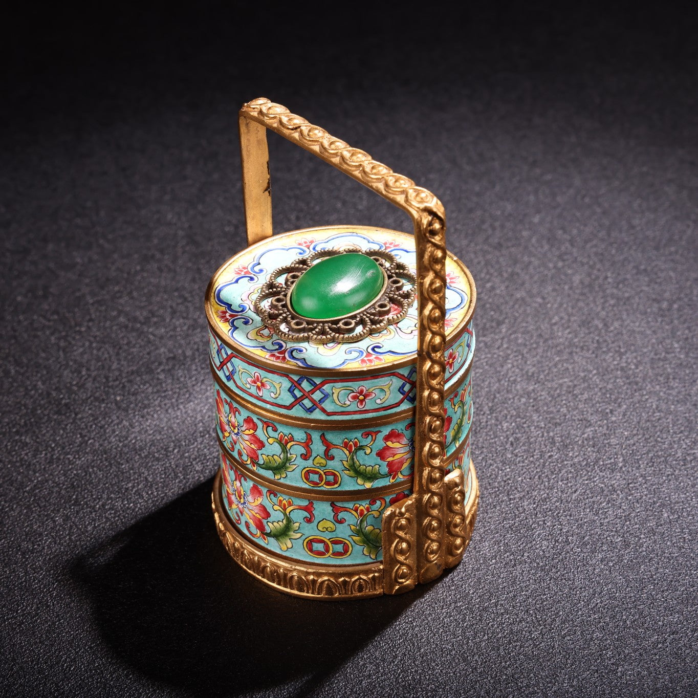 A0745 Vintage Chinese Gilt Gold Copper Cloisonne Inlay Green Jade Handle Small Food Box