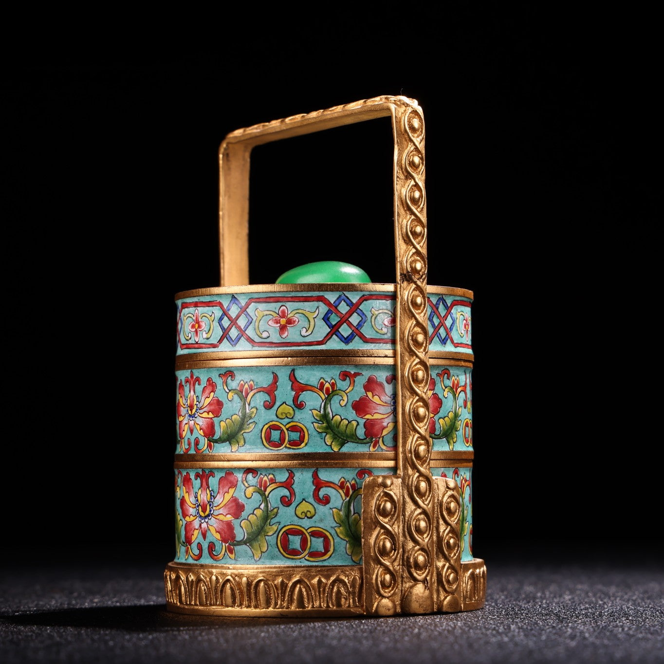A0745 Vintage Chinese Gilt Gold Copper Cloisonne Inlay Green Jade Handle Small Food Box