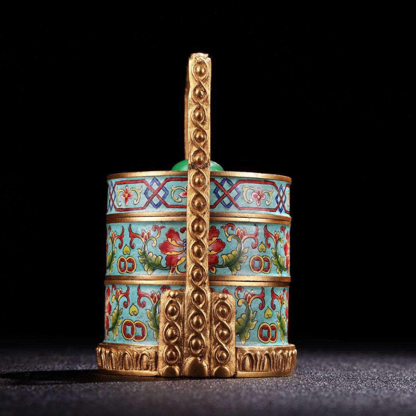A0745 Vintage Chinese Gilt Gold Copper Cloisonne Inlay Green Jade Handle Small Food Box