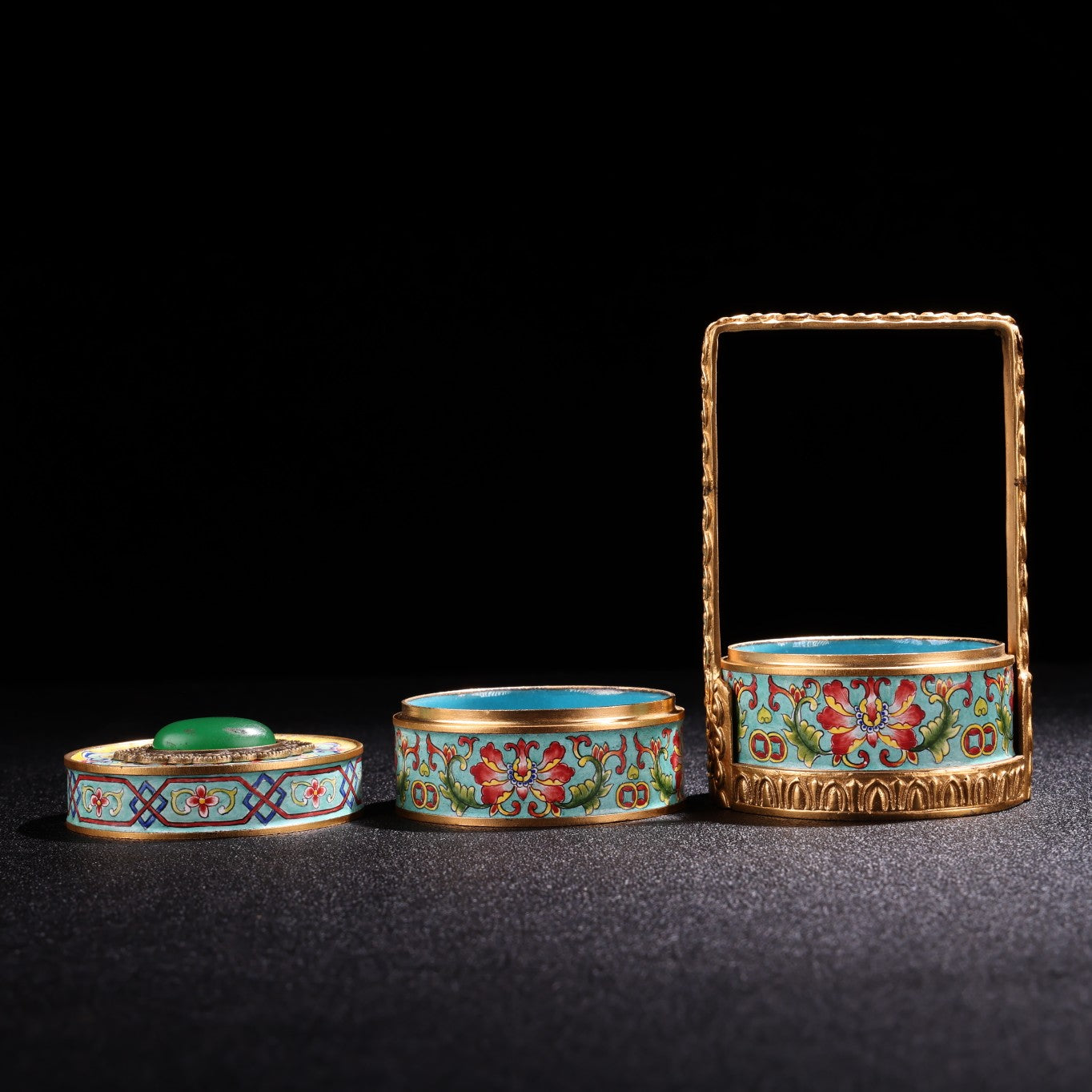 A0745 Vintage Chinese Gilt Gold Copper Cloisonne Inlay Green Jade Handle Small Food Box