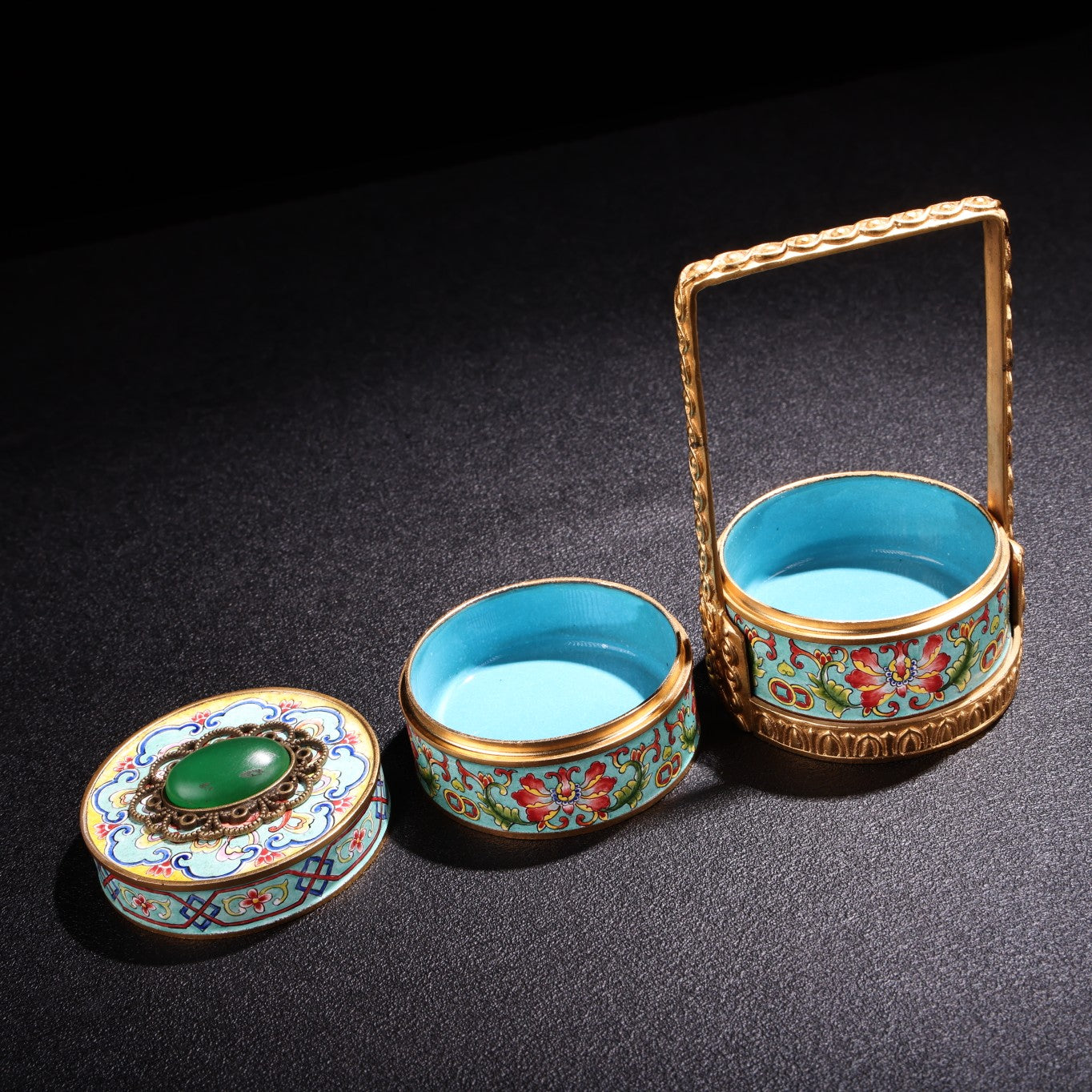 A0745 Vintage Chinese Gilt Gold Copper Cloisonne Inlay Green Jade Handle Small Food Box