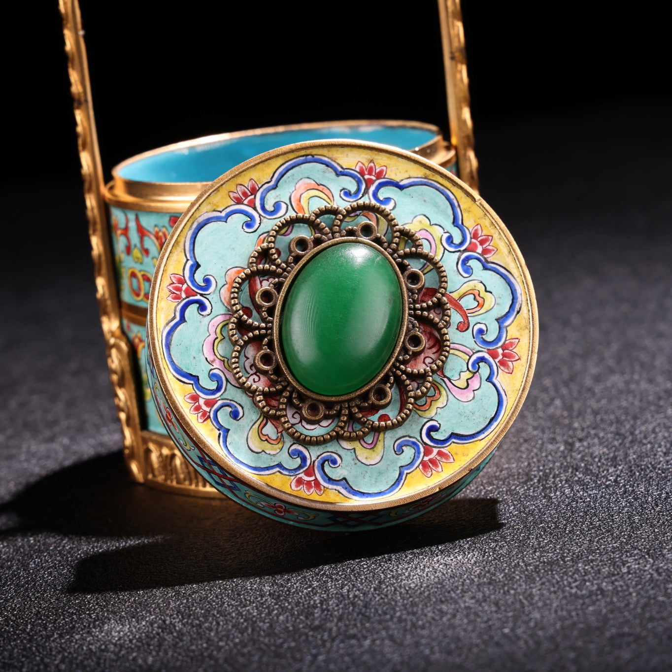 A0745 Vintage Chinese Gilt Gold Copper Cloisonne Inlay Green Jade Handle Small Food Box