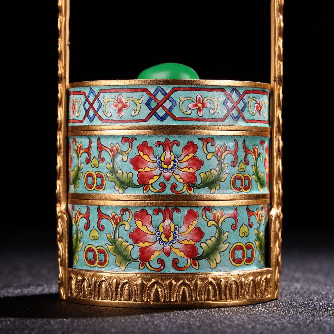 A0745 Vintage Chinese Gilt Gold Copper Cloisonne Inlay Green Jade Handle Small Food Box