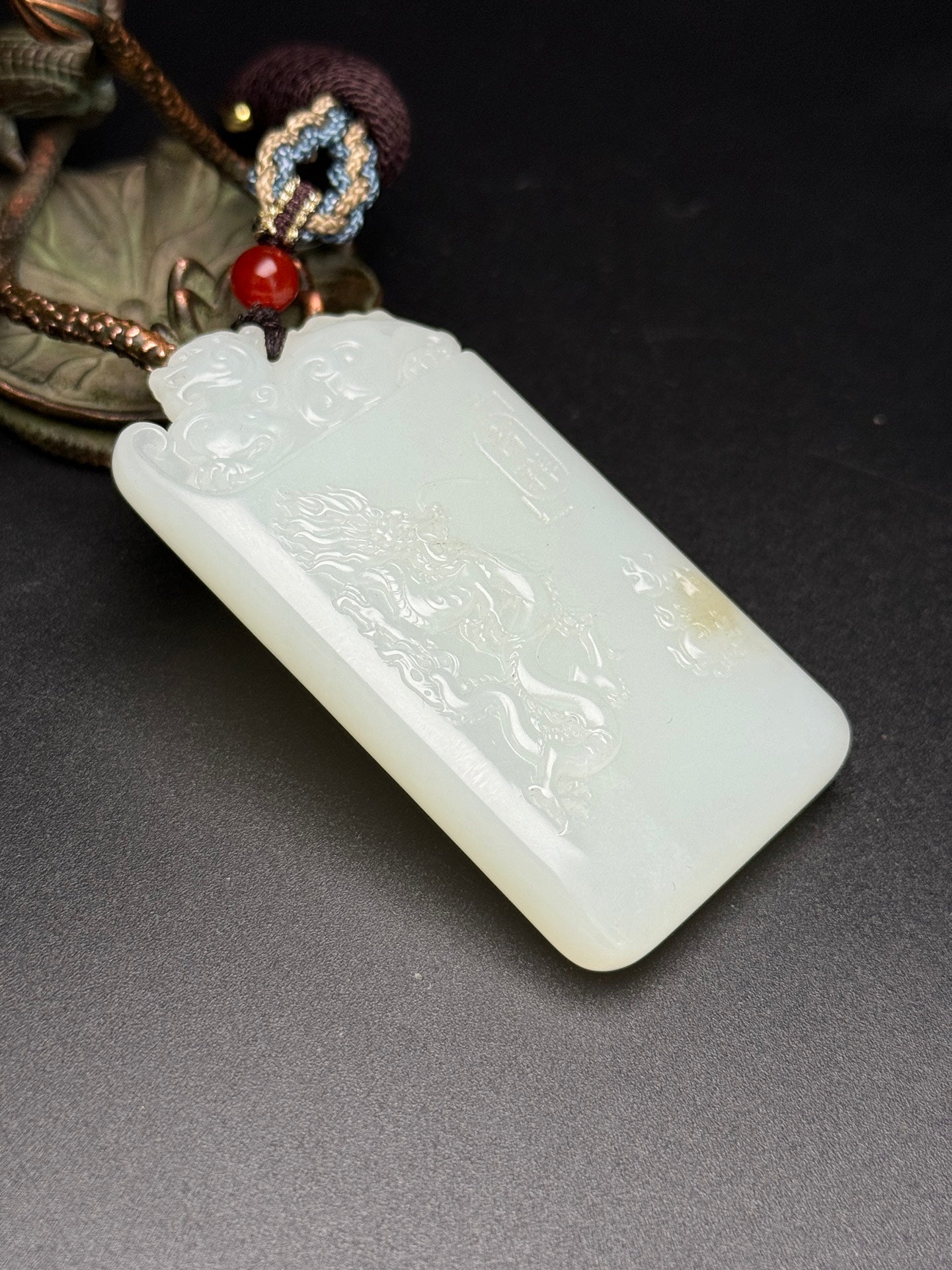 A0751 Superb Chinese White Hetian Jade Low Relief Fortune Dragon Pendant