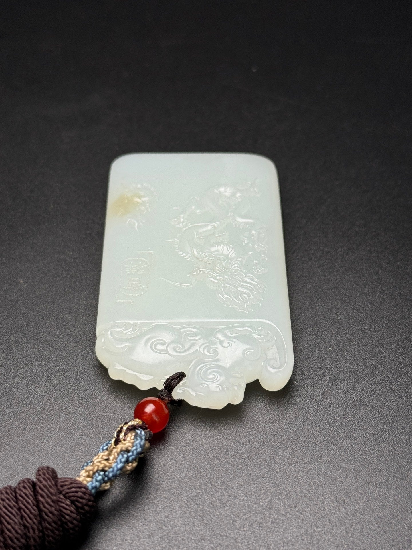 A0751 Superb Chinese White Hetian Jade Low Relief Fortune Dragon Pendant
