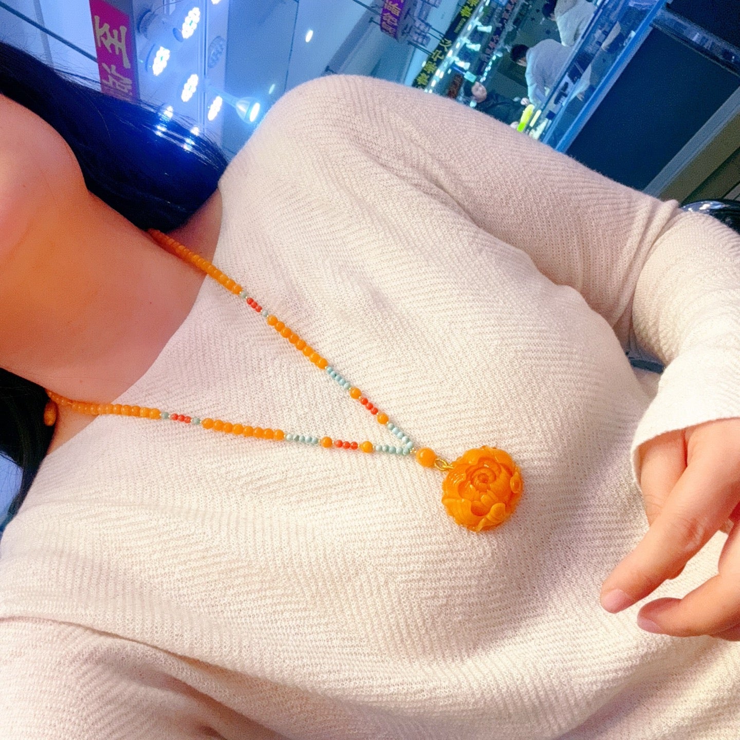A0755 Beautiful Beeswax Carved Peony Pendant w Beeswax & Nanhong Agate & Turquoise Beads Necklace