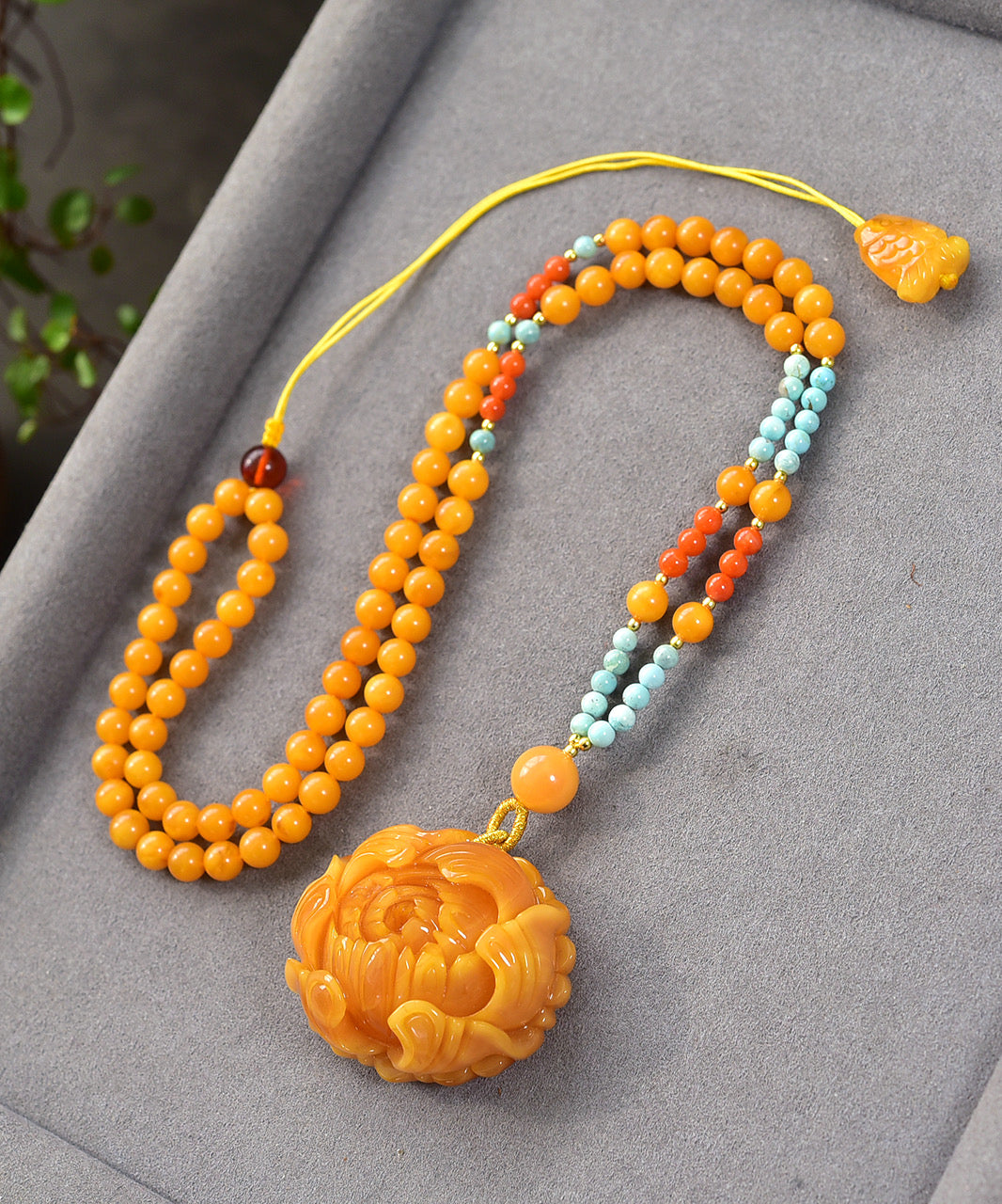 A0755 Beautiful Beeswax Carved Peony Pendant w Beeswax & Nanhong Agate & Turquoise Beads Necklace