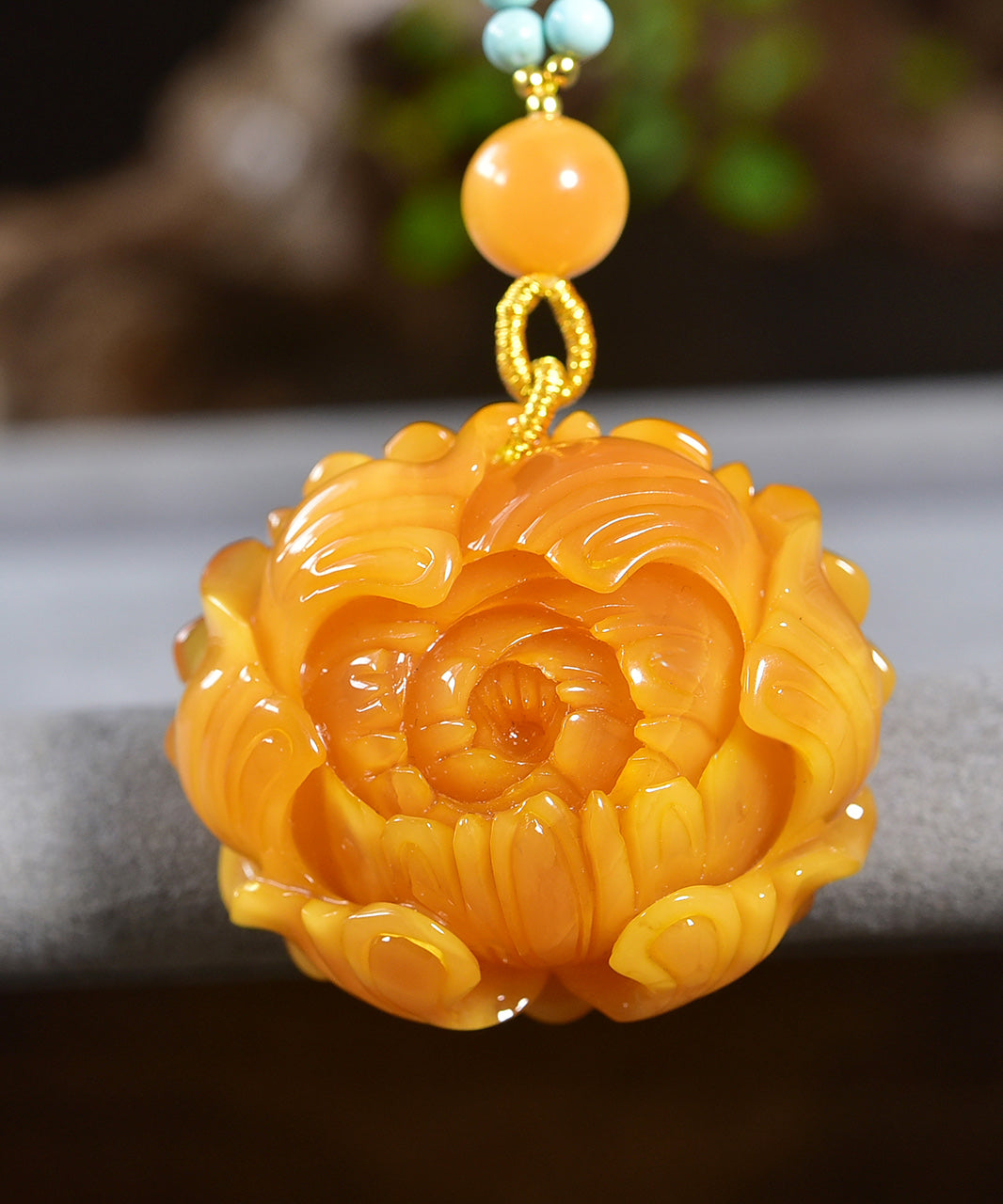 A0755 Beautiful Beeswax Carved Peony Pendant w Beeswax & Nanhong Agate & Turquoise Beads Necklace