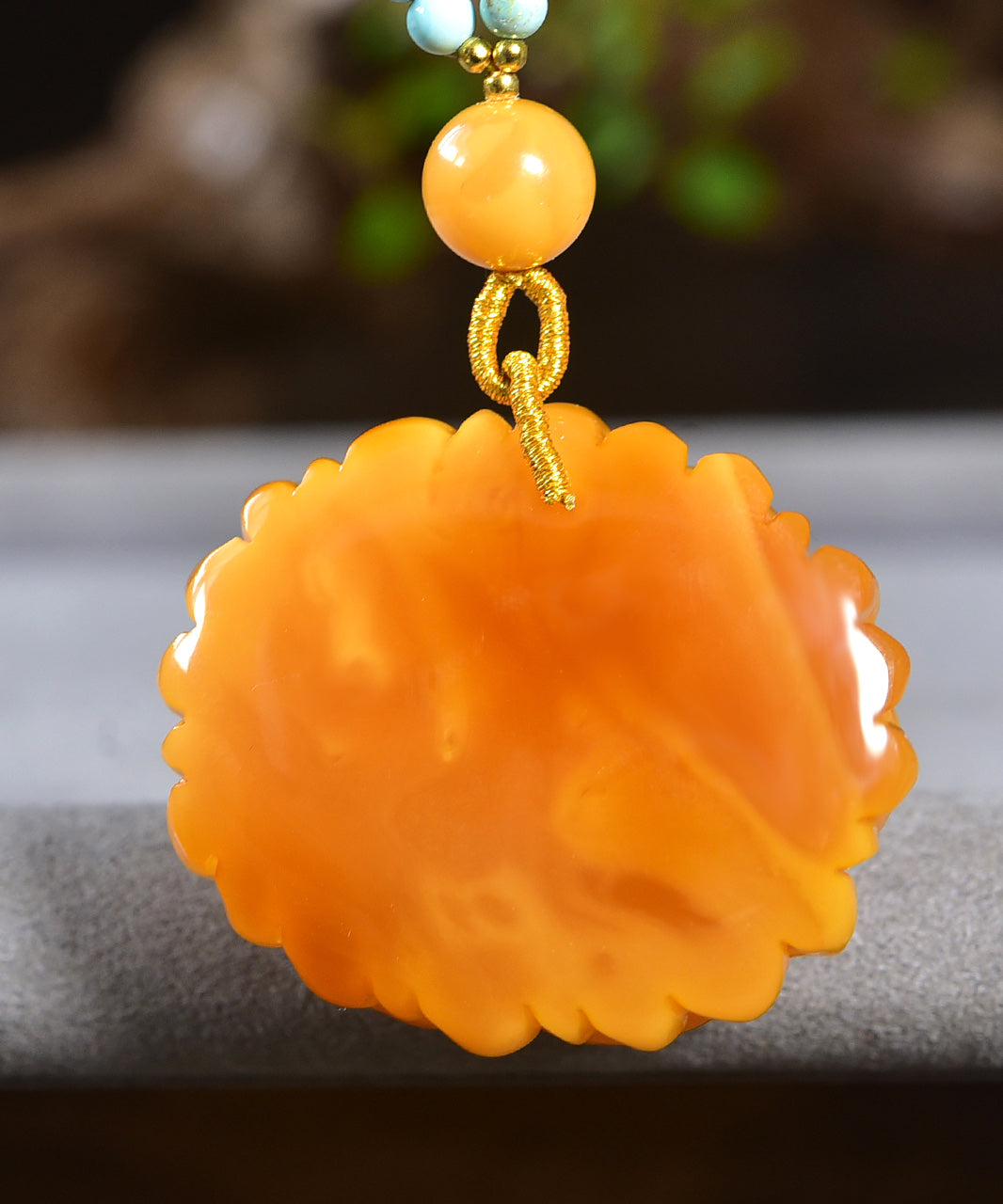 A0755 Beautiful Beeswax Carved Peony Pendant w Beeswax & Nanhong Agate & Turquoise Beads Necklace