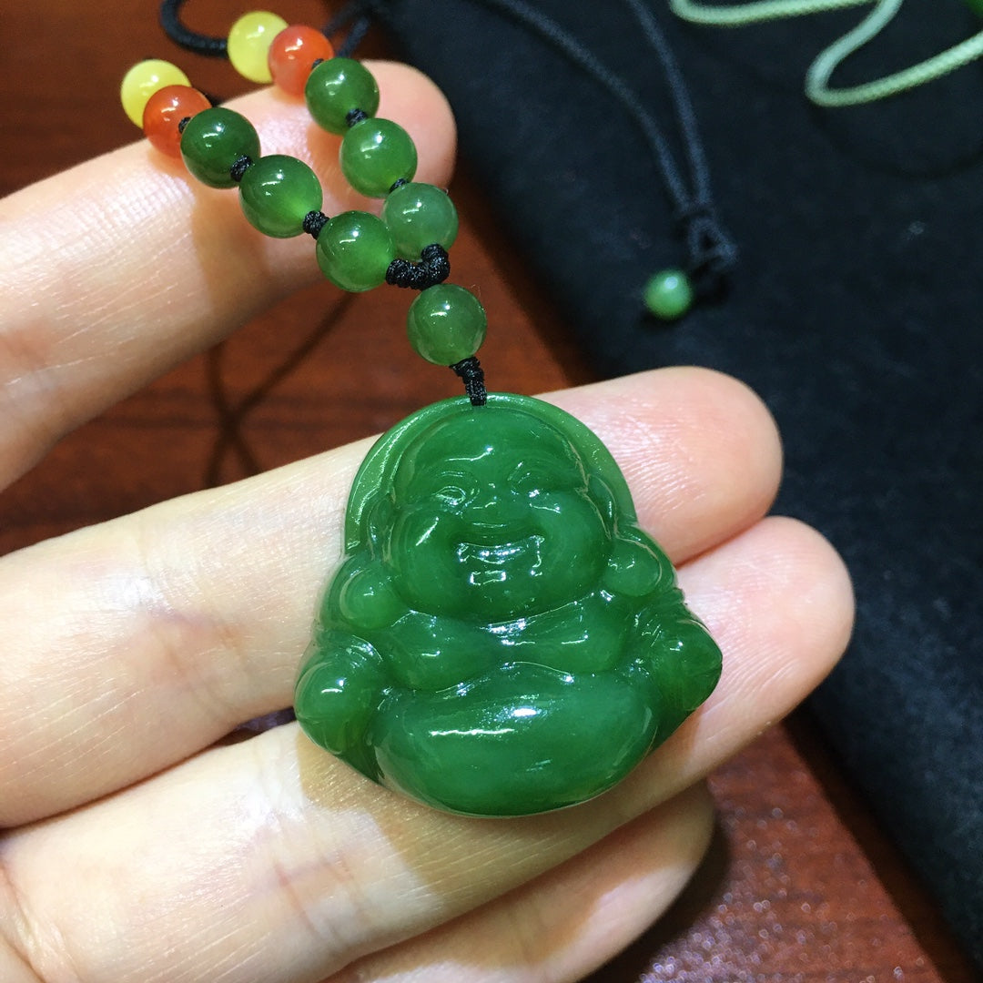 A0757 Chinese Natural Green Hetian Jade Carved Laughing Buddha Pendant