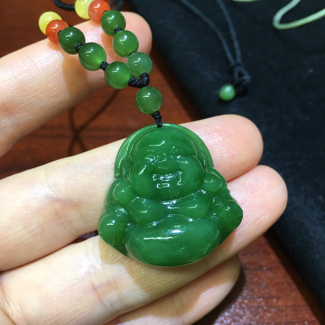 A0757 Chinese Natural Green Hetian Jade Carved Laughing Buddha Pendant