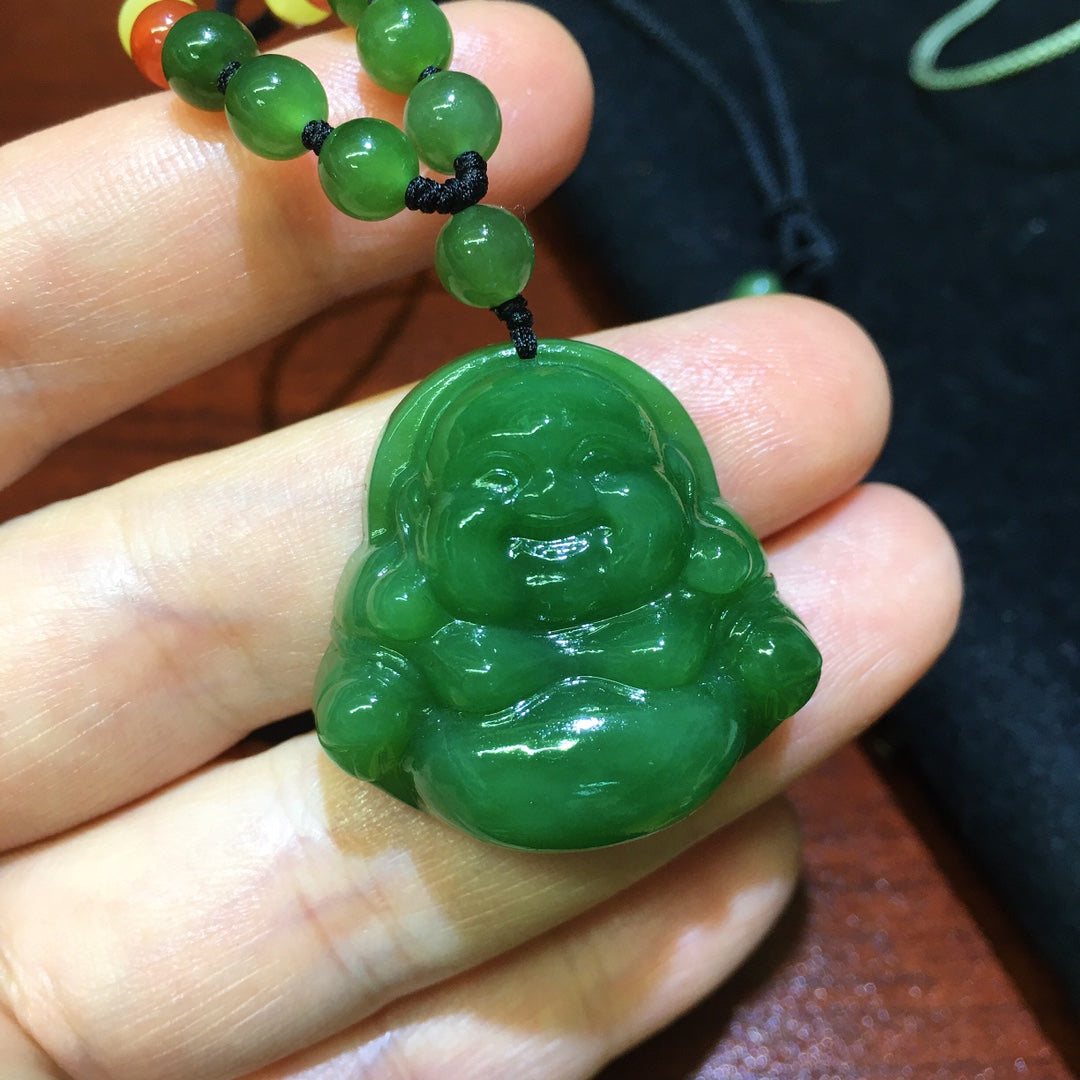 A0757 Chinese Natural Green Hetian Jade Carved Laughing Buddha Pendant