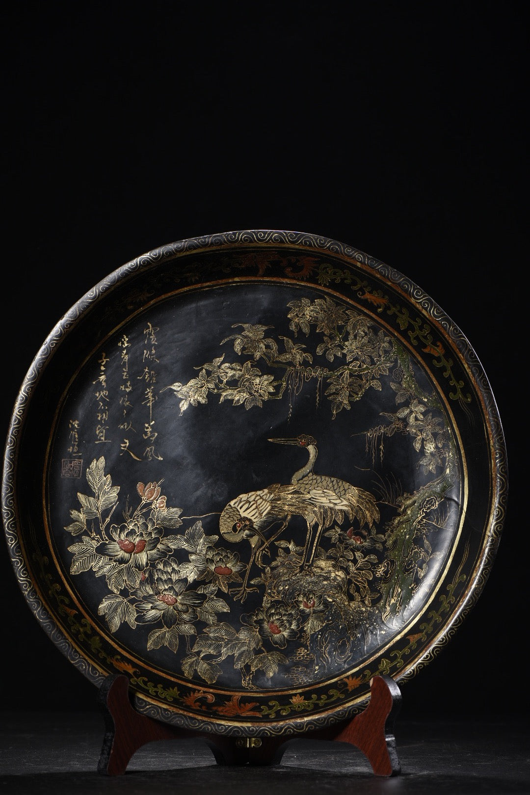 A0761 Chinese Gilt Gold Wooden-cored Lacquerware Pine Tree & Crane Design Plate