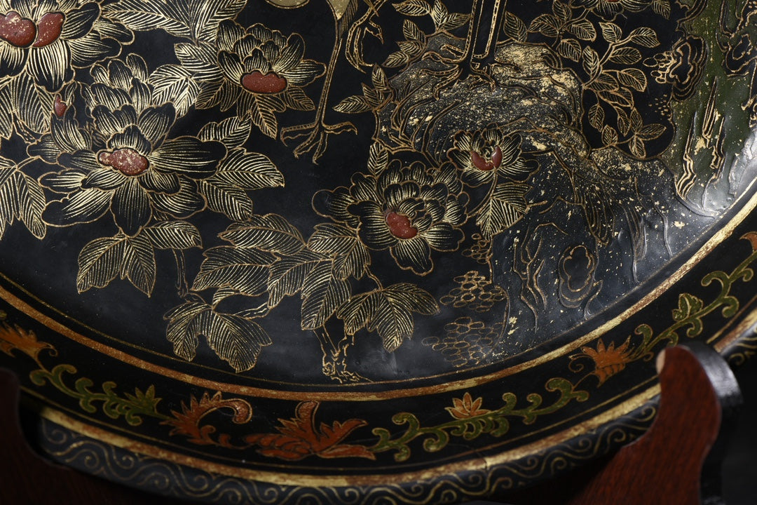 A0761 Chinese Gilt Gold Wooden-cored Lacquerware Pine Tree & Crane Design Plate