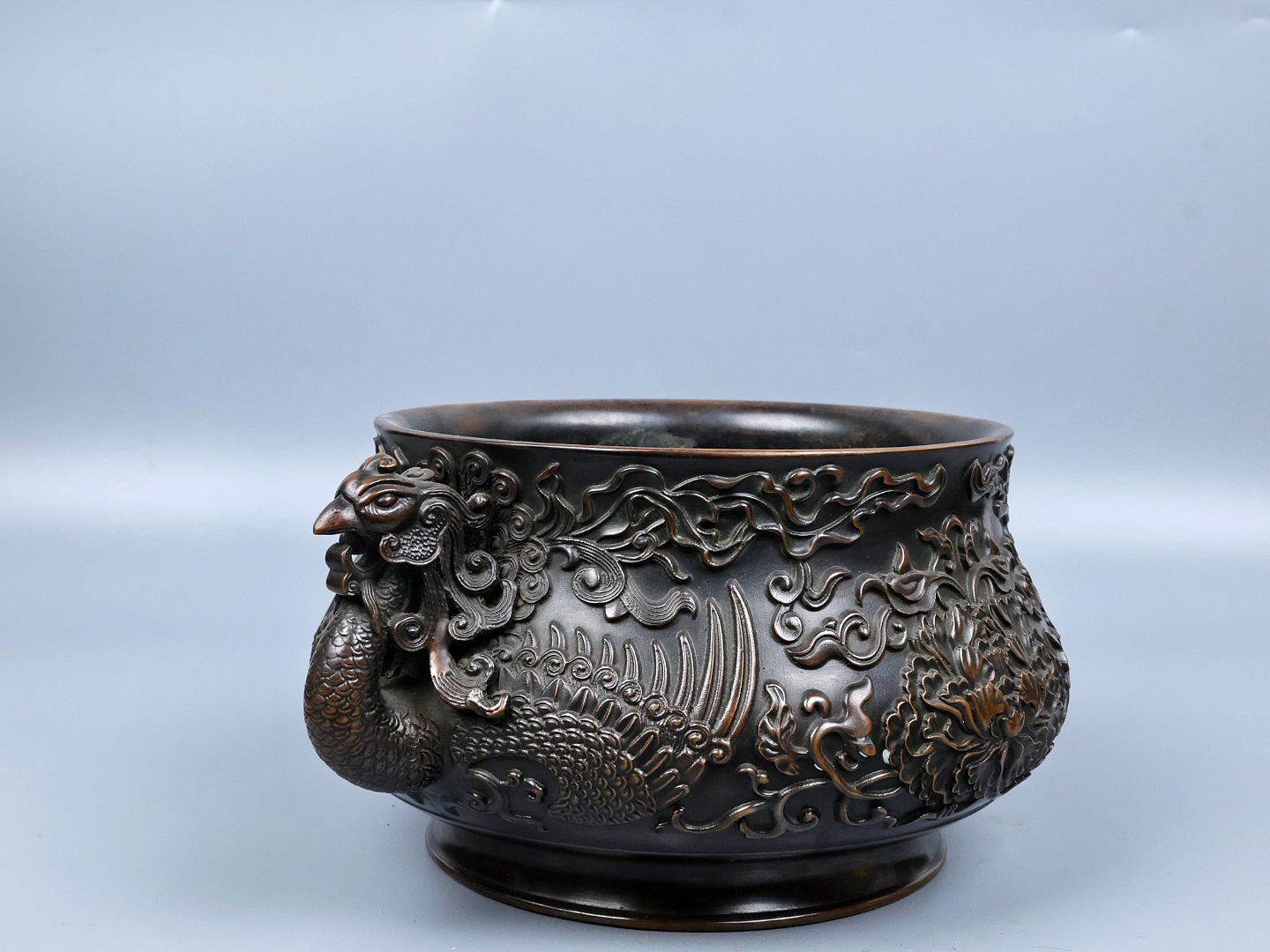 A0762 Chinese Copper Double Ears Phoenix & Peony Incense Burner