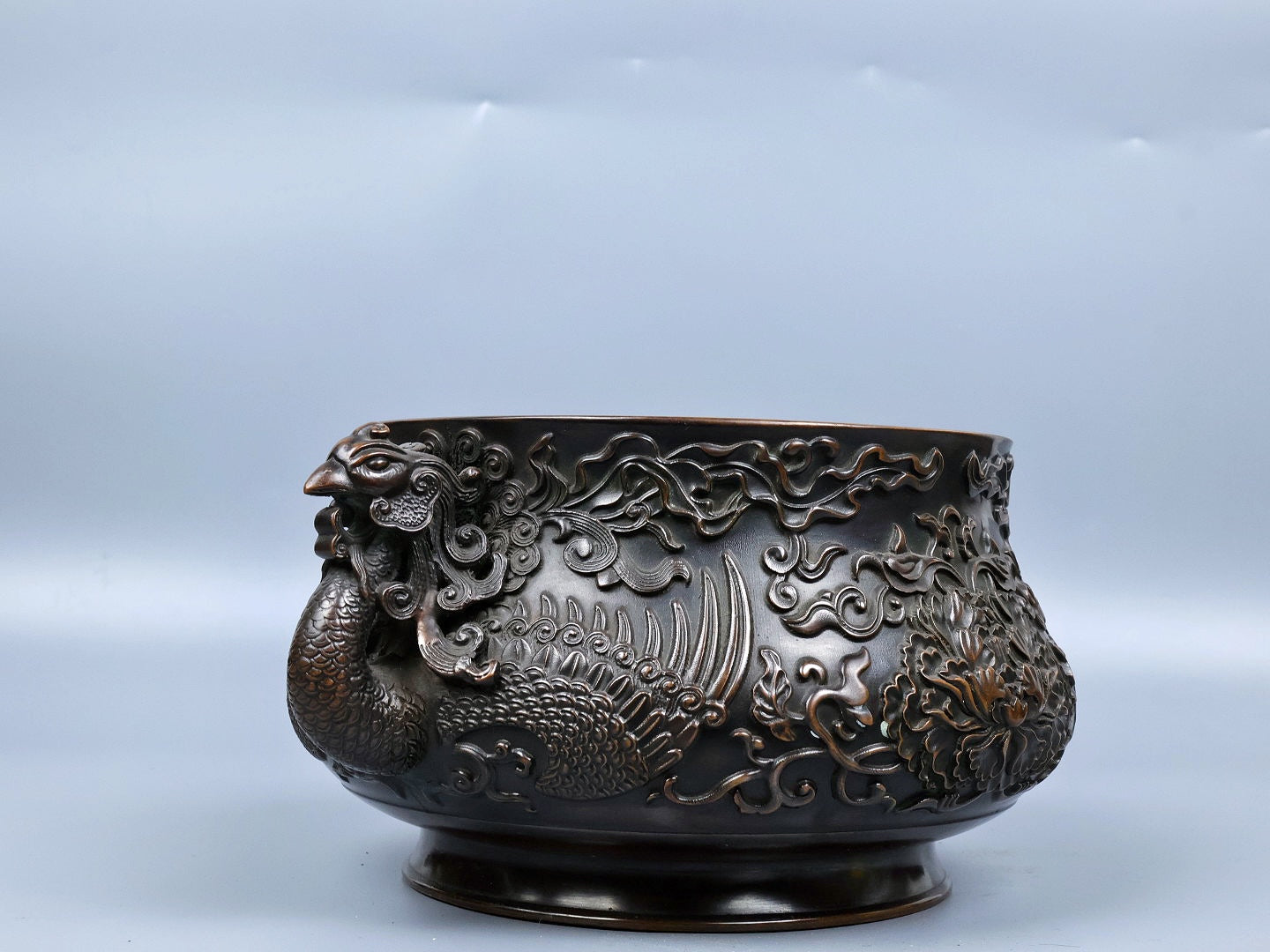 A0762 Chinese Copper Double Ears Phoenix & Peony Incense Burner