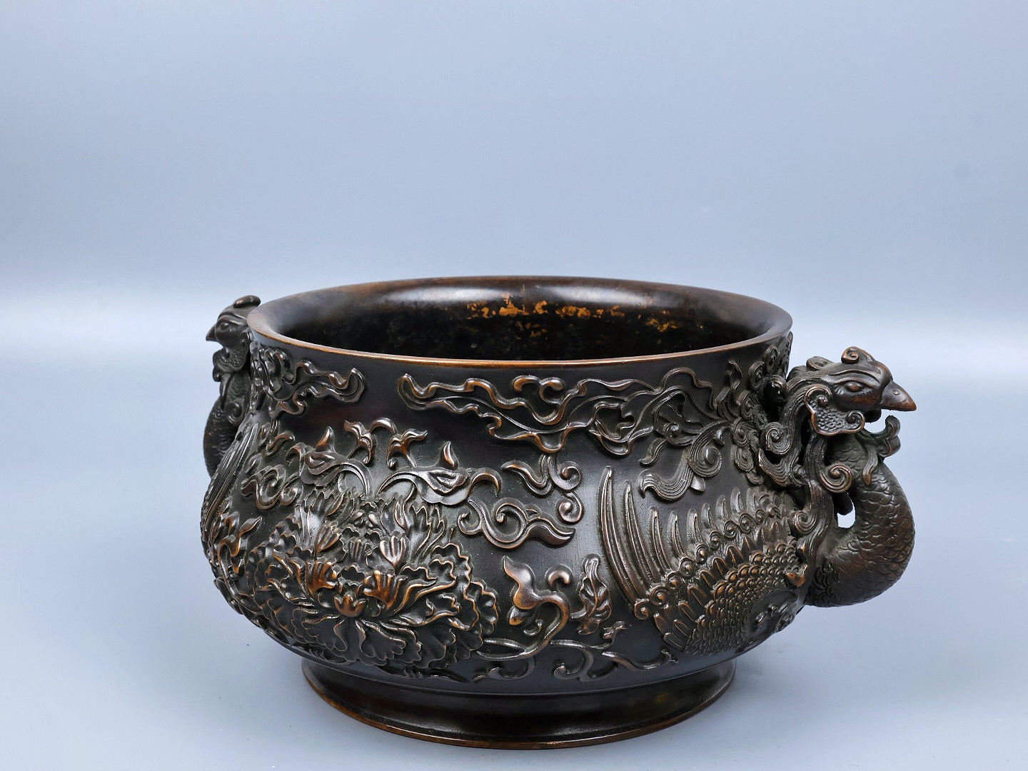 A0762 Chinese Copper Double Ears Phoenix & Peony Incense Burner